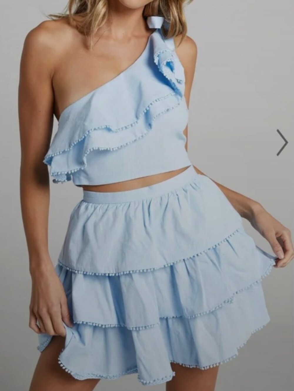 Showpo Pale Blue One-Shoulder Ruffle Two-Piece Set Top & Skirt Women's Size US 1